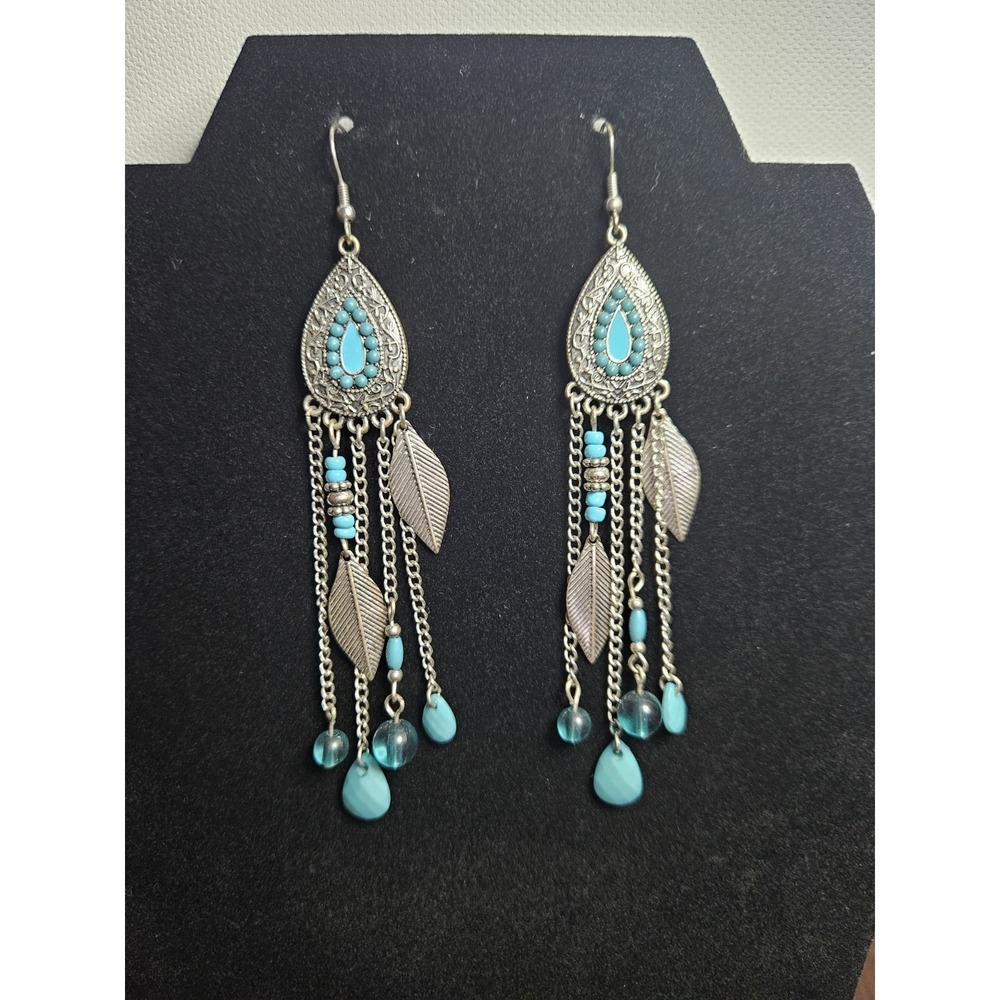 Southwestern Silver Tone Filigree Turquoise Bead Leaf Dreamcatcher Earrings